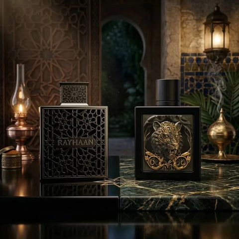Rayhaan Obsidian and Rayhaan Tiger Eau de Parfum Spray bundle, 100ml, featuring two distinct Rayhaan fragrance bottles.
