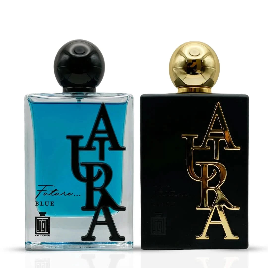 Aura Fragrances Future Blue and Future Black Eau De Parfum Spray bundle, 100ml bottles, featuring sleek glass bottles with spray caps.