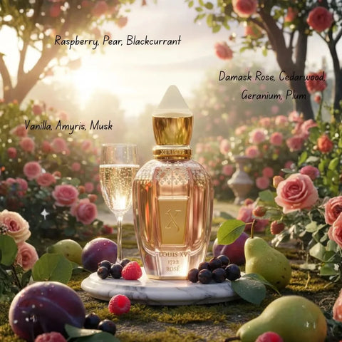 Xerjoff Louis XV 1722 Rosé Eau de Parfum spray bottle, 50ml, elegant fragrance bottle with rose-themed design.