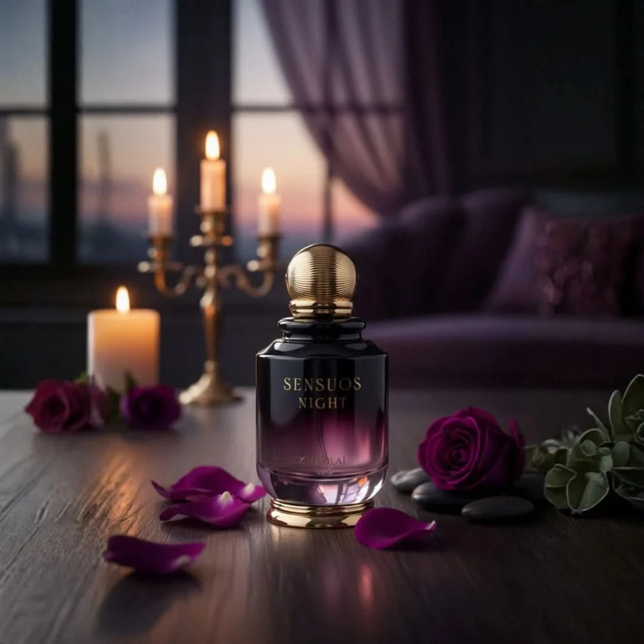 Sensuos Night Eau de Parfum spray by Khadlaj, 100ml, featuring elegant perfume bottle with dark accents and luxurious design.