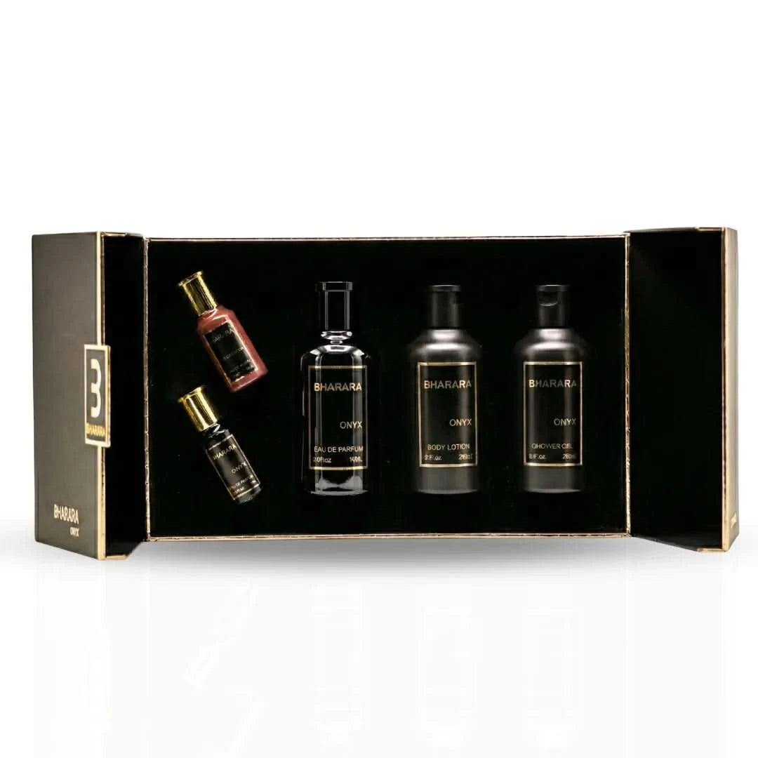 Bharara Onyx 5-piece fragrance gift set with bottles of perfume and spray, elegant packaging, and floral accents.