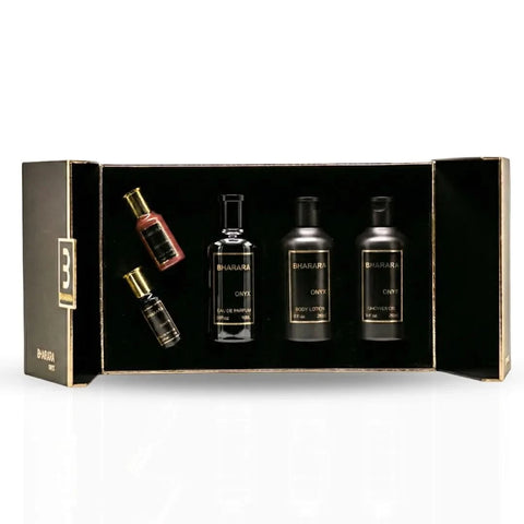 Bharara Onyx 5-piece fragrance gift set with bottles of perfume and spray, elegant packaging, and floral accents.