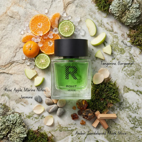 Rohit Verde Eau de Parfum spray by Bharara, 100ml bottle, featuring a sleek design and green accents.