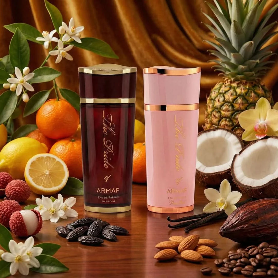 Bundle of Armaf Rose Oud Femme and Pour Femme Eau de Parfum sprays, 100ml each, featuring floral and oud fragrance notes.