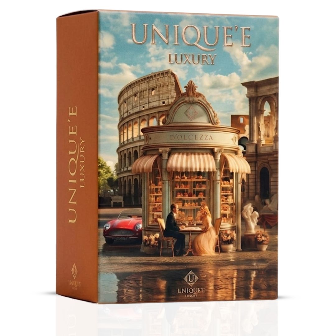 Unique'e Luxury D'Olcezza Extrait de Parfum Spray 100ml bottle, elegant glass container with a sleek design.