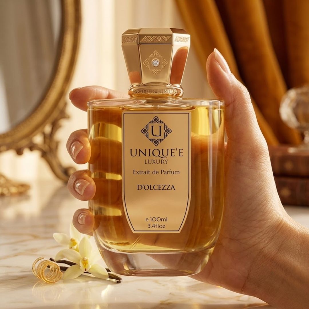 D'Olcezza Extrait de Parfum spray by Unique'e Luxury, 100ml bottle, elegant glass container with a sleek cap.