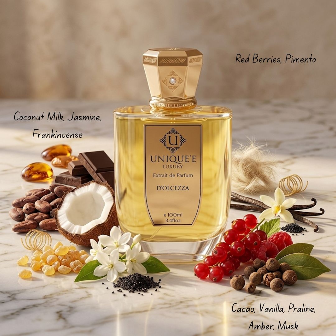 Unique'e Luxury D'Olcezza Extrait de Parfum spray 100ml bottle with elegant packaging and branding.