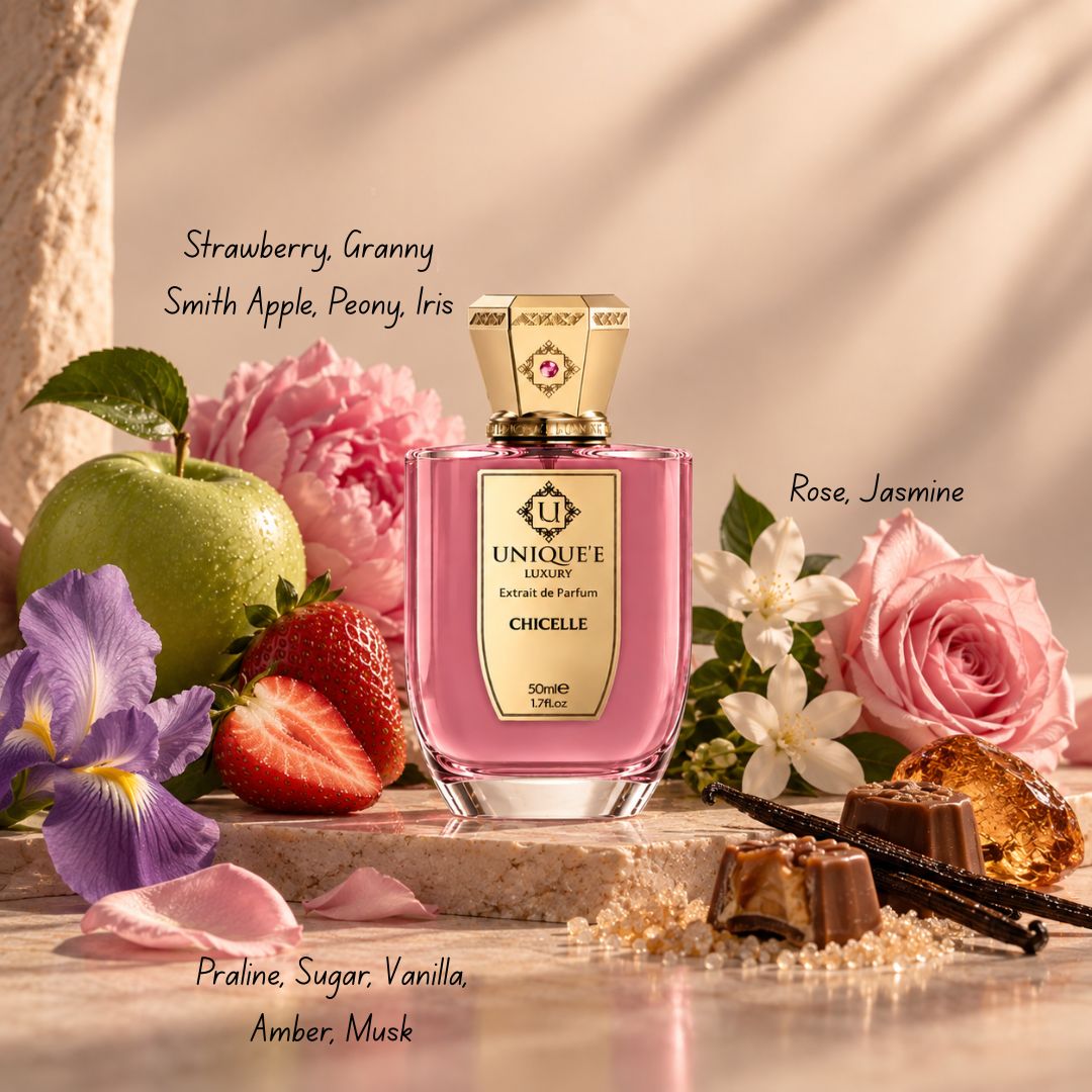 Unique'e Luxury Chicelle Extrait de Parfum Spray 50ml, elegant glass bottle with a sleek design, showcasing the perfume inside.