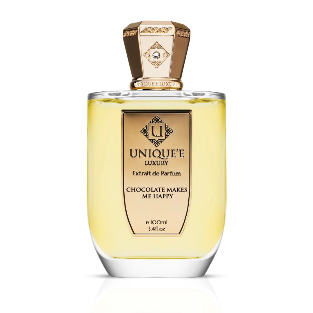 Unique'e Luxury Chocolate Makes Me Happy Extrait de Parfum spray 100ml bottle with elegant packaging and luxurious design.