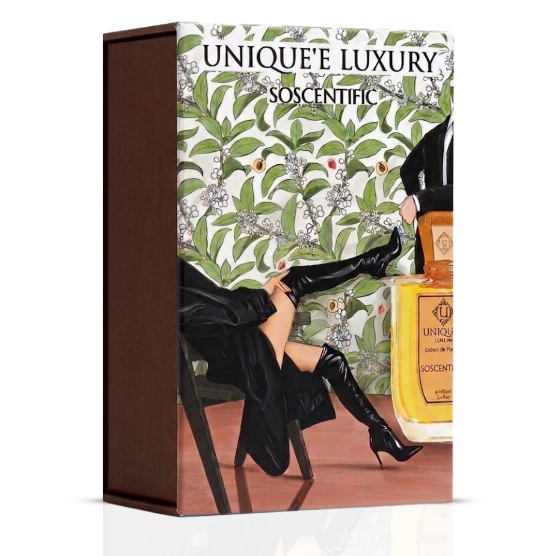 Unique'e Luxury SoScentific Extrait de Parfum Spray 100ml, elegant bottle showcasing the EDP design and luxurious packaging.