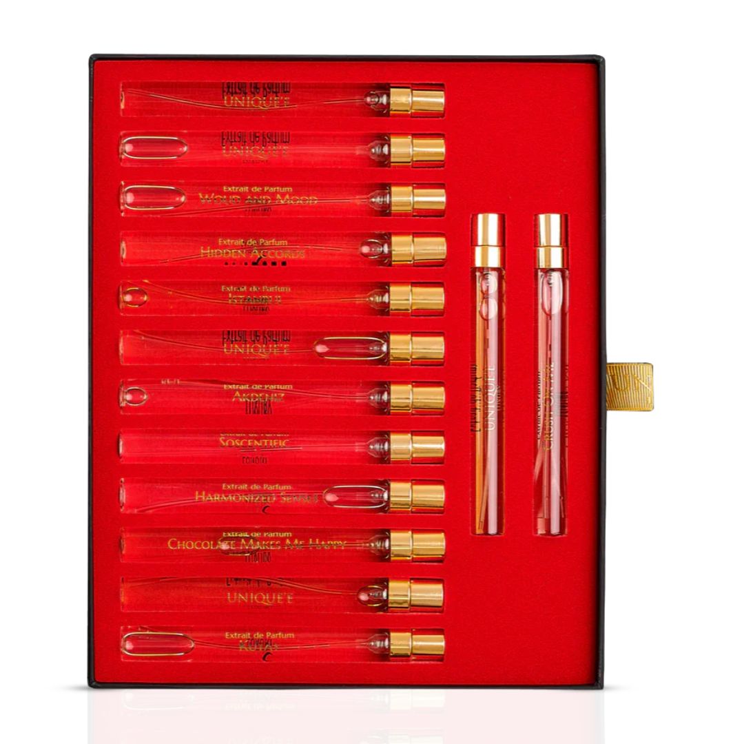 Unique'e Luxury Travel Discovery Set with 14 Eau de Parfum sprays, 154ml total, featuring a variety of luxurious fragrances.