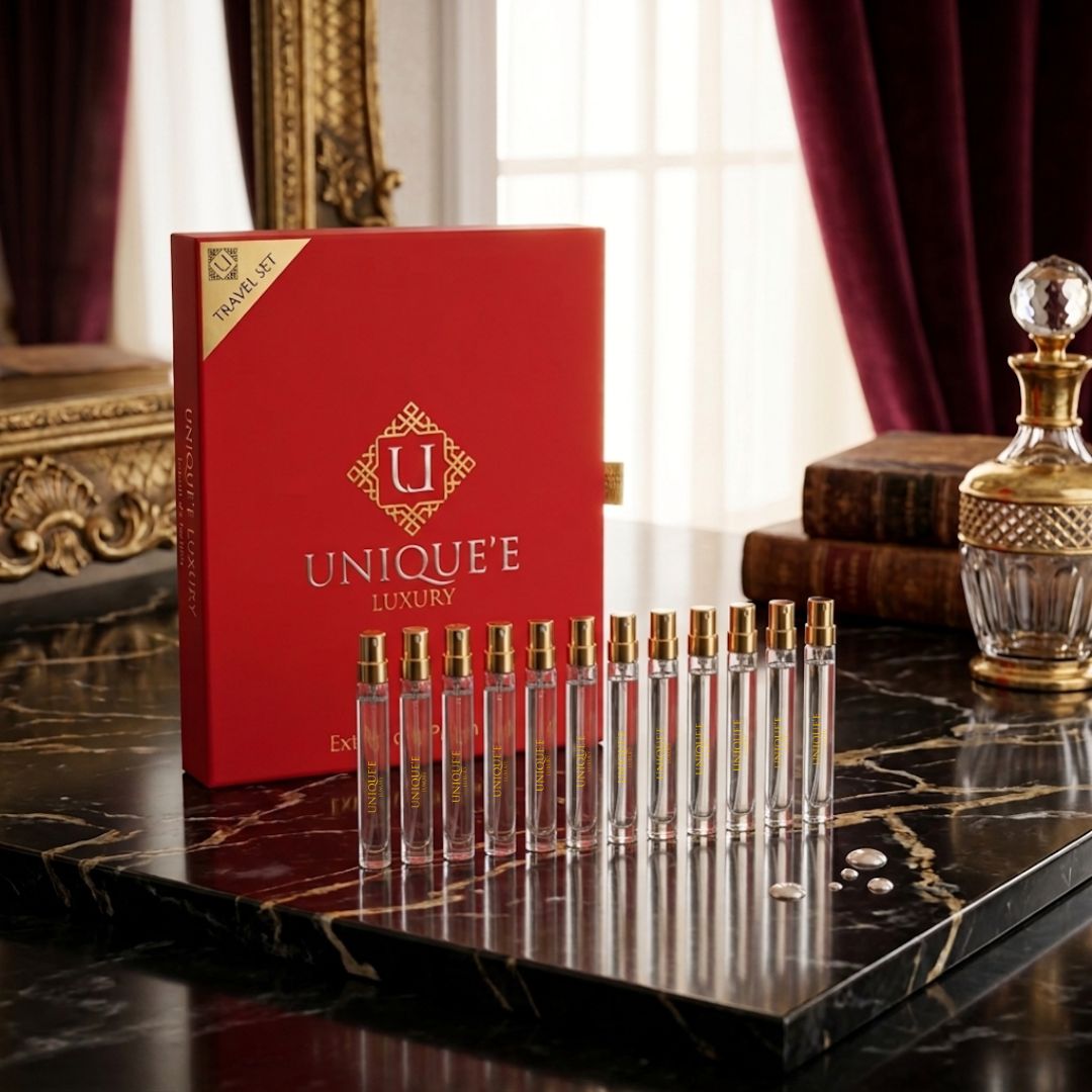 Unique'e Luxury Travel Discovery Set with 14 mini 11ml Eau de Parfum sprays, ideal for exploring diverse fragrances on the go.