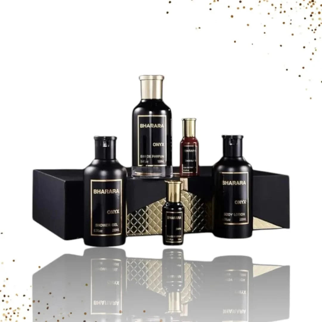 Bharara Onyx 5-piece fragrance gift set with bottles of perfume and accessories in elegant packaging