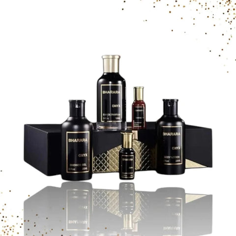 Bharara Onyx 5-piece fragrance gift set with bottles of perfume and accessories in elegant packaging