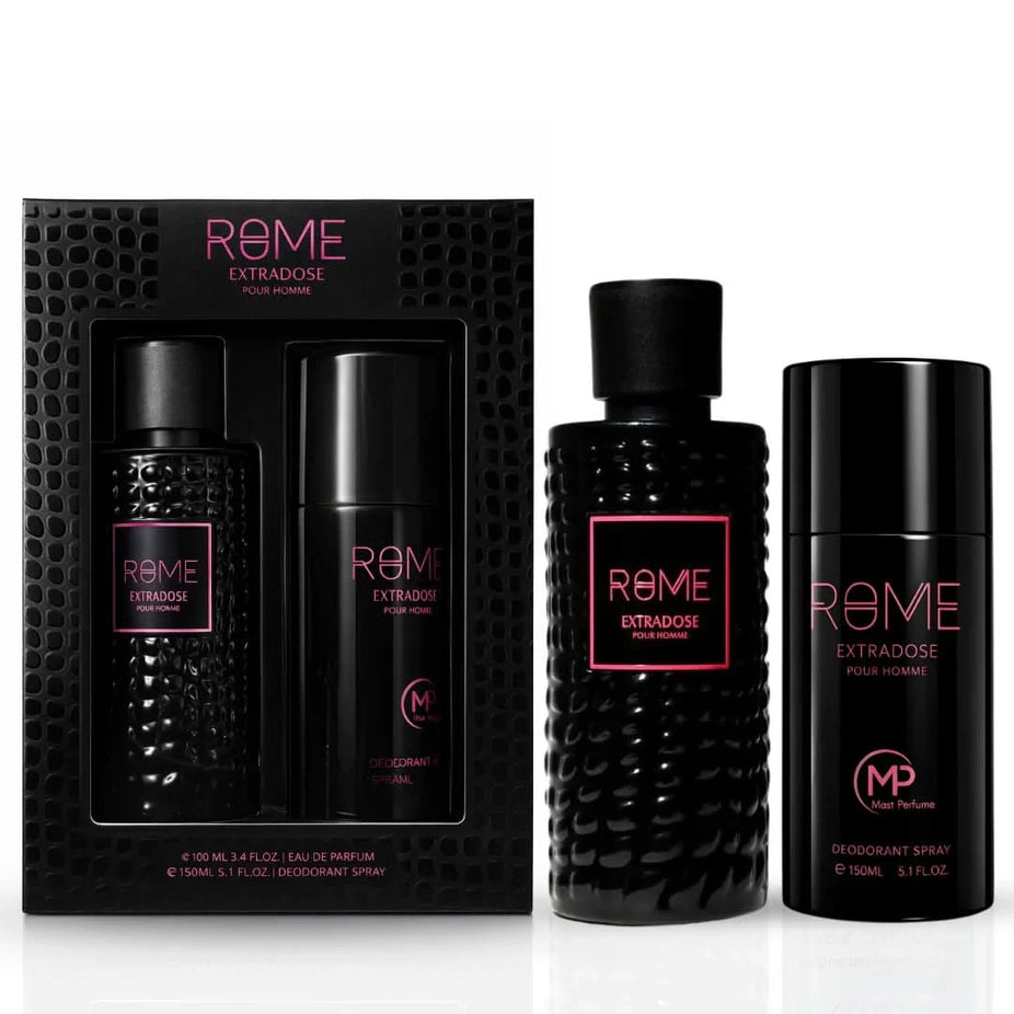 Rome Extradose Pour Homme Mast Perfume gift set with two fragrance bottles and packaging, designed for men.