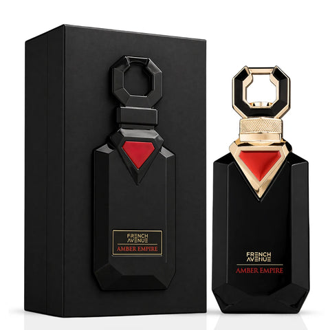 Amber Empire Eau de Parfum spray by French Avenue, 100ml bottle, featuring warm amber and floral scent details.