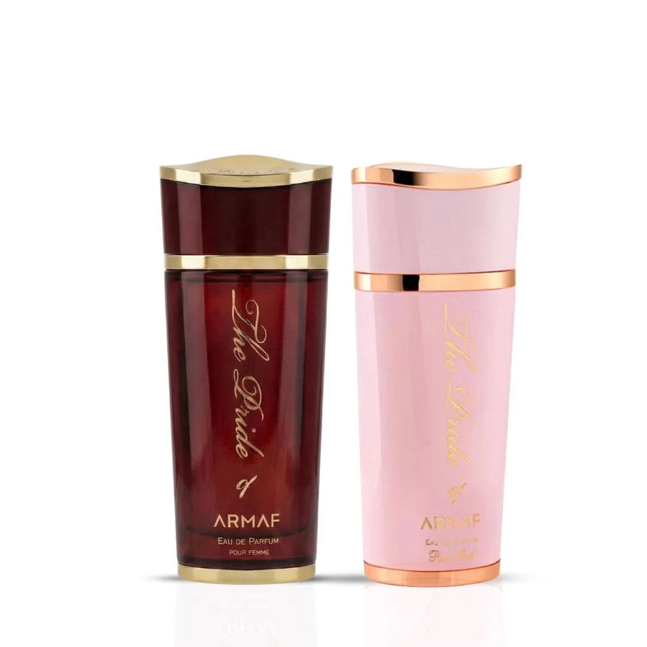 Bundle of Armaf Rose Oud Femme and Pour Femme Eau de Parfum sprays, 100ml each, featuring floral and oud fragrance notes.