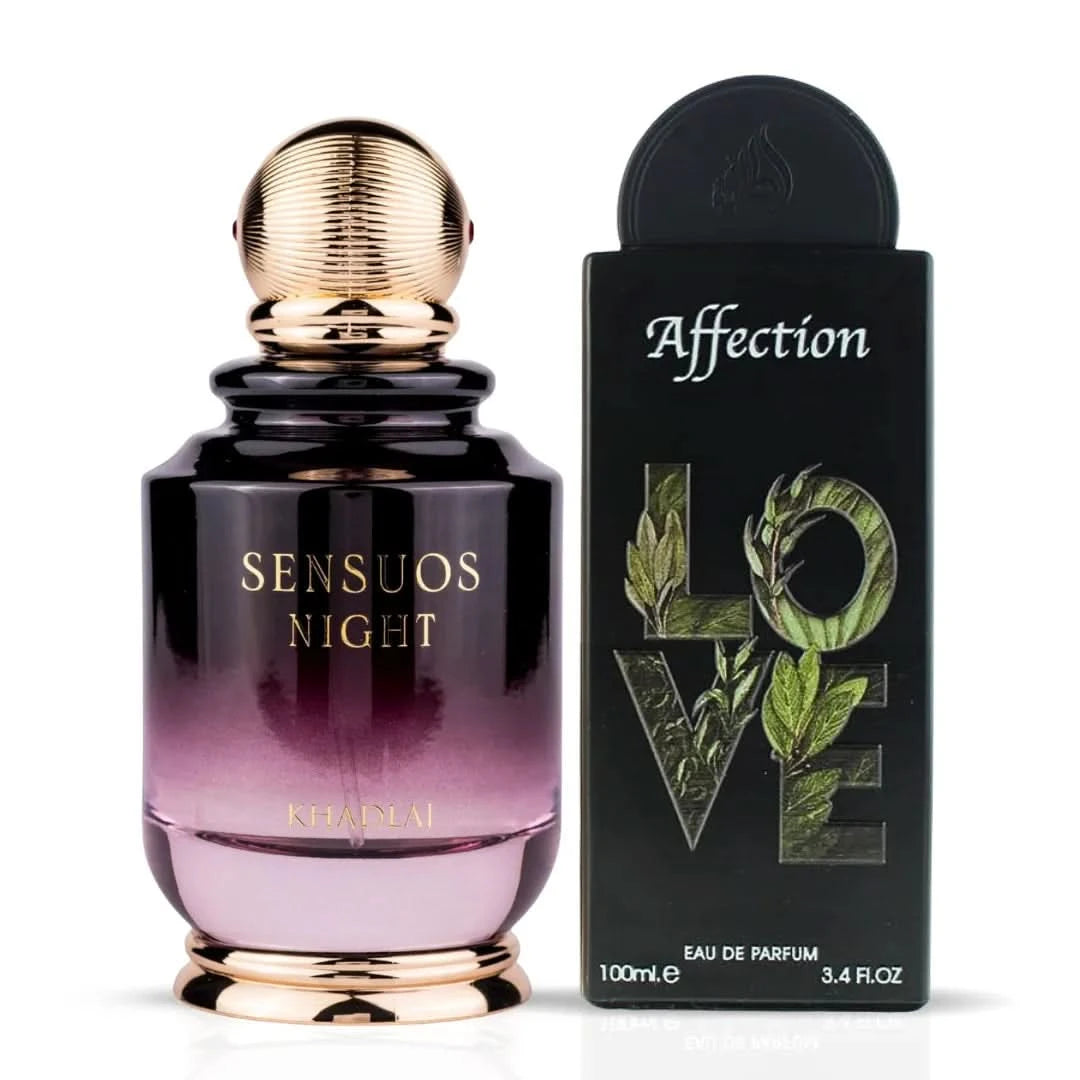 Bundle of Intense Oud Affection and Sensuous Night Eau de Parfum sprays by Lattafa Pride and Khadlaj, 100ml each.