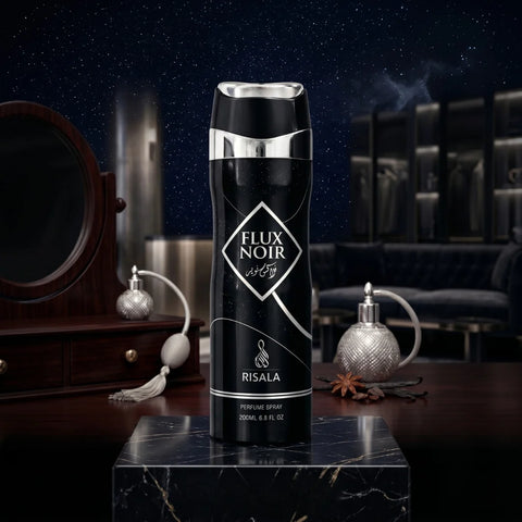 Elite Risala Flux Noir body spray 200ml deodorant bottle with sleek black design and silver cap.