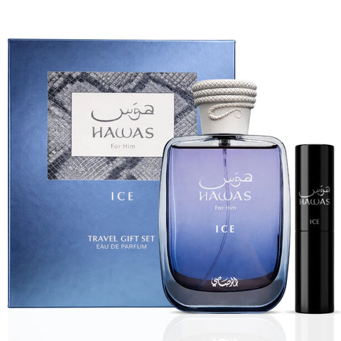 Hawas Ice 2-piece perfume travel gift set by Rasasi featuring stylish bottles and travel-sized fragrances for on-the-go use.