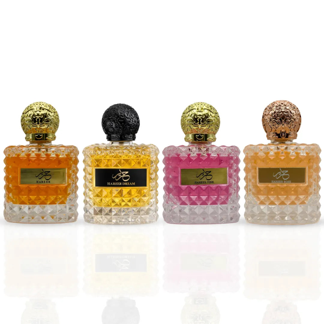Aura Fragrances Hareer Pink Rose & Dream Eau De Parfum collection bottles, 100ml, showcasing elegant scent packaging.