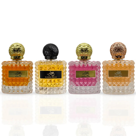 Aura Fragrances Hareer Pink Rose & Dream Eau De Parfum collection bottles, 100ml, showcasing elegant scent packaging.