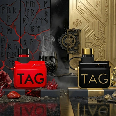 Bundle of Armaf Tag Uomo Rosso and Tag Uomo Nero Eau de Parfum sprays, 100ml bottles with sleek black and red packaging.