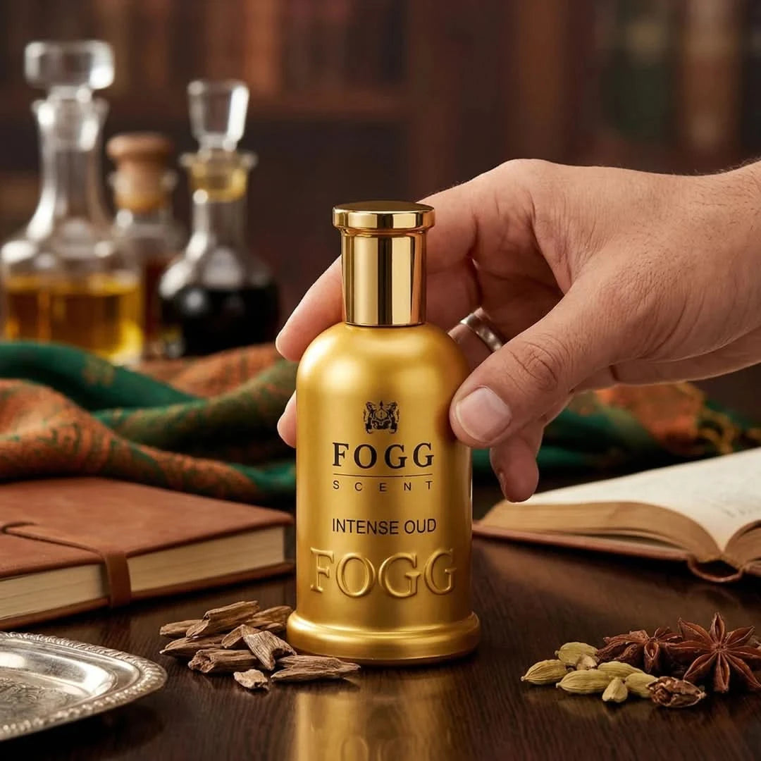 Fogg Intense Oud for Men Eau de Parfum spray 100ml bottle, featuring dark glass and elegant design.