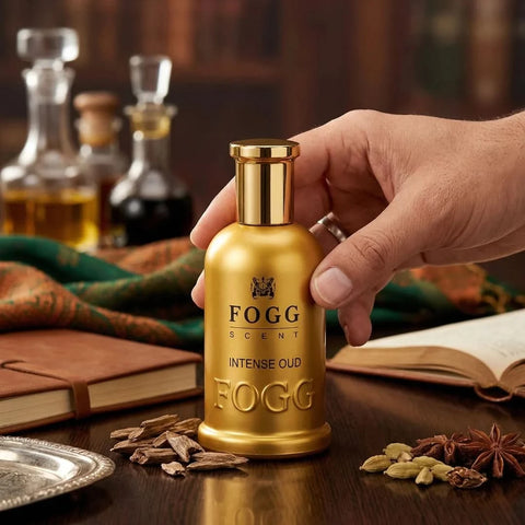 Fogg Intense Oud for Men Eau de Parfum spray 100ml bottle, featuring dark glass and elegant design.