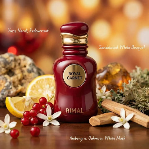 Royal Garnet Eau de Parfum spray by Rimal Collection, 100ml, featuring a sleek bottle with deep garnet color and elegant design.