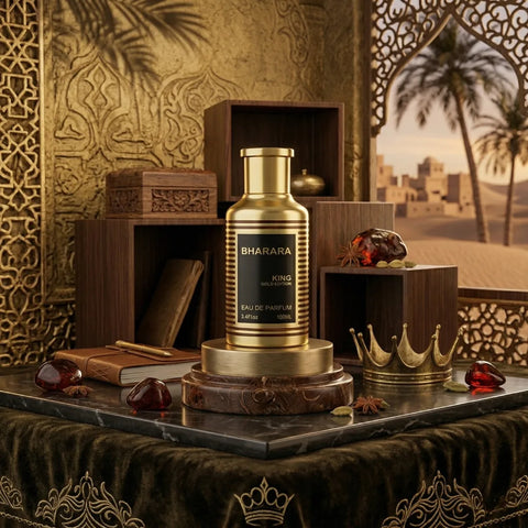 Bharara King Gold Edition Eau de Parfum spray bottle, luxurious 100ml gold packaging, elegant design, by Bharara.