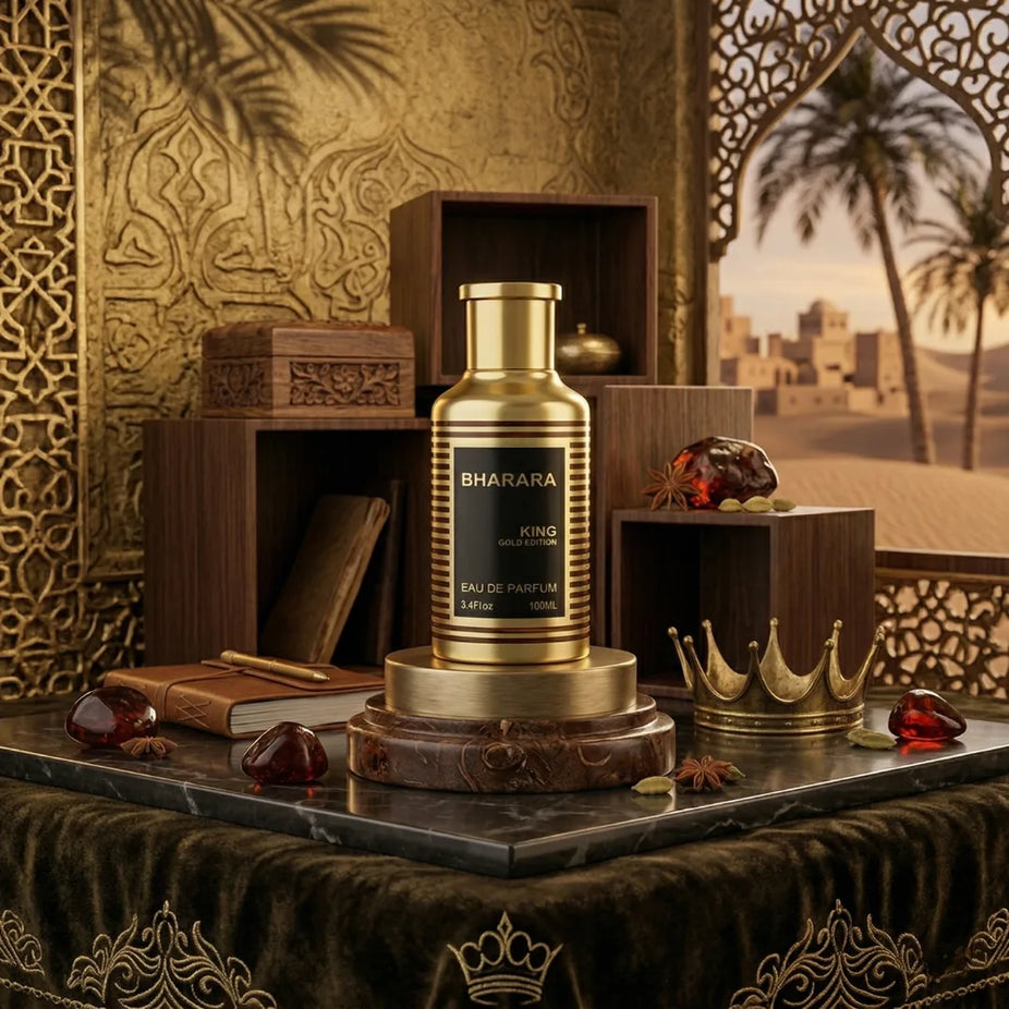 Bharara King Gold Edition Eau de Parfum spray 100ml, featuring luxurious gold packaging and elegant bottle design.