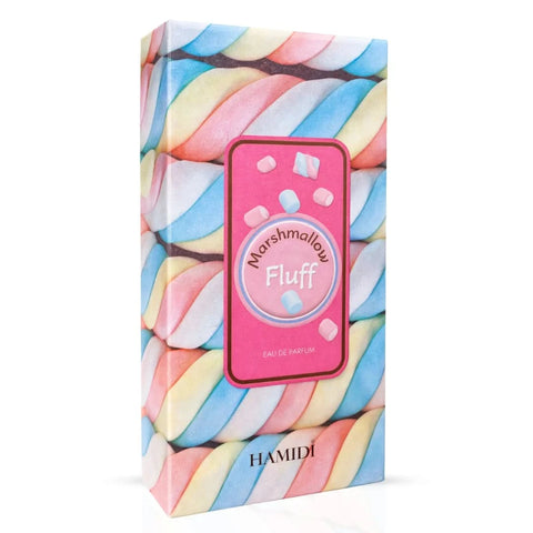 Hamidi Marshmallow Fluff Eau De Parfum spray bottle, 100ml, featuring a sleek design and soft, sweet fragrance.