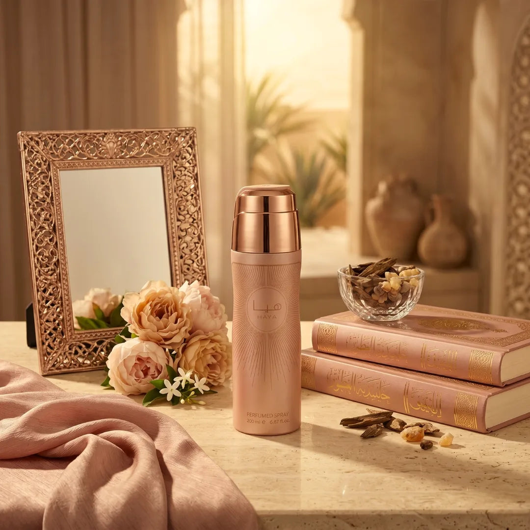 Lattafa Haya Body Spray 200ml deodorant bottle with a sleek design, suitable for refreshing and lightweight personal scent.