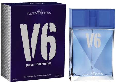 Alta Moda V6 for Men EDT 100ml bottle with velvet pouch, showcasing sleek glass bottle and luxurious velvet storage pouch.