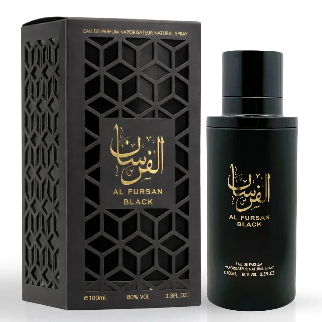 Aura Fragrances Al Fursan Black Eau De Parfum spray 100ml bottle with sleek black packaging and elegant design.