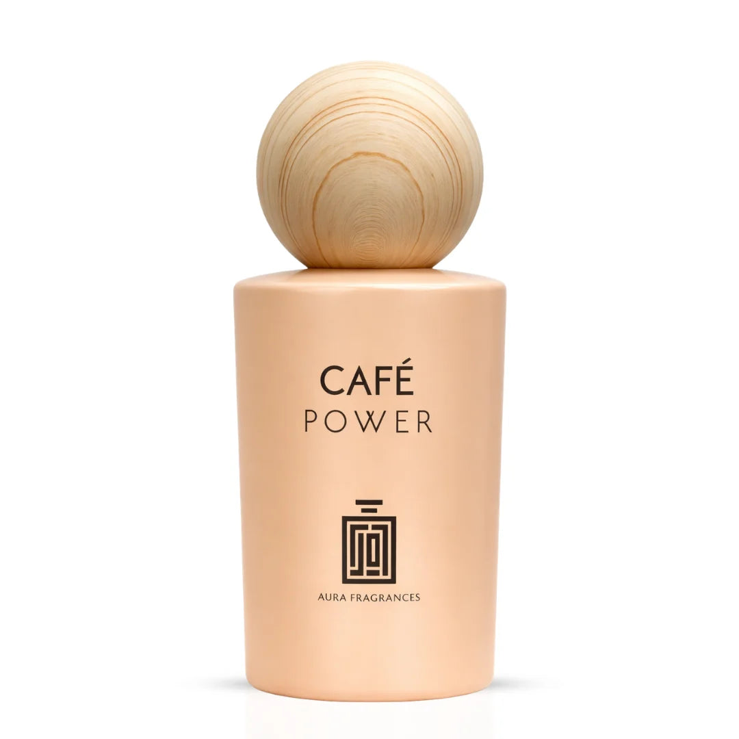 Aura Fragrances Cafe Power Eau De Parfum Spray 100ml bottle, elegant design, showcasing the fragrance for women.