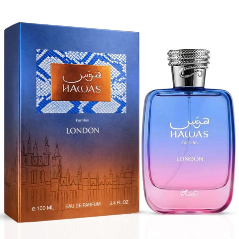 Rasasii Hawas London Eau De Parfum spray 100ml bottle with elegant packaging and fragrance details visible.