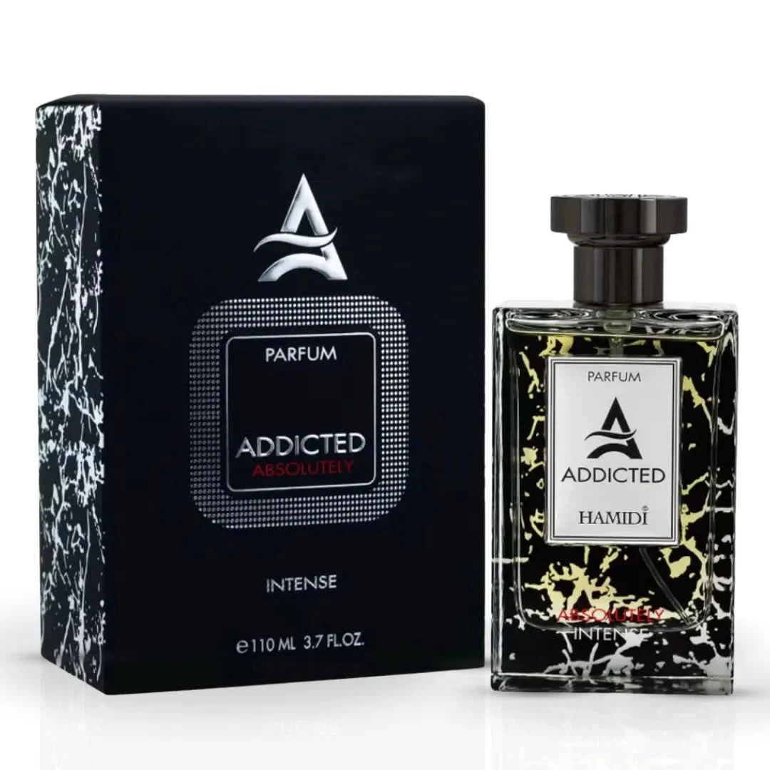Addicted Absolutely Intense Eau de Parfum Spray by Hamidi, 110ml bottle, elegant glass with a sleek, modern design.