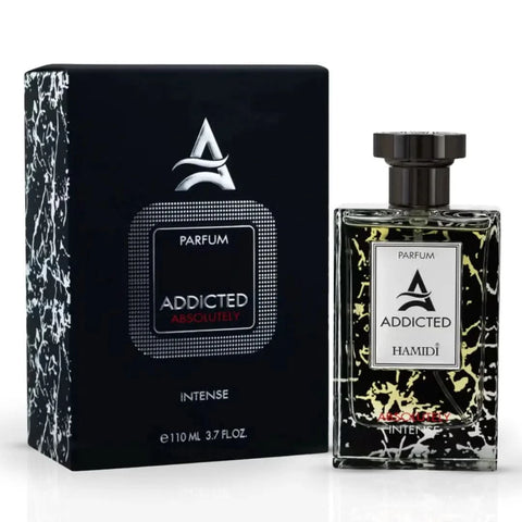 Addicted Absolutely Intense Eau de Parfum Spray by Hamidi, 110ml bottle, elegant glass with a sleek, modern design.
