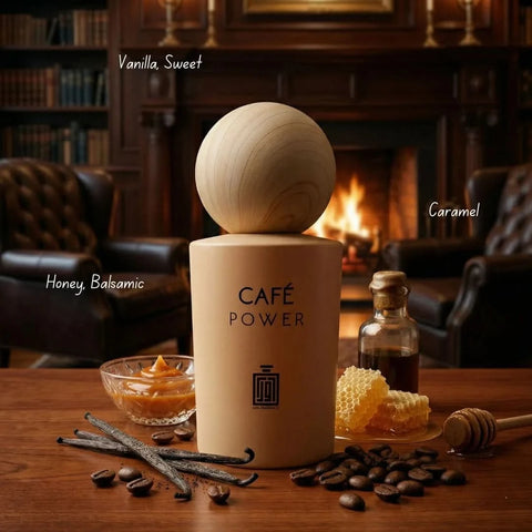 Aura Fragrances Cafe Power Eau De Parfum spray 100ml bottle, elegant design, showcasing the perfume bottle on a neutral background.