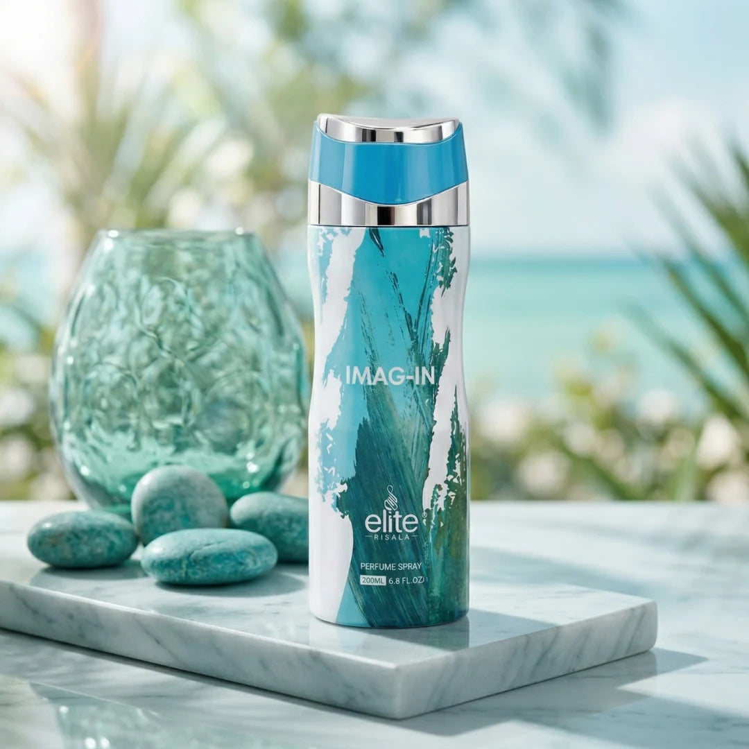 Elite Risala Imag-In Body Spray 200ml deodorant bottle with sleek design and spray nozzle, for freshening up on the go.