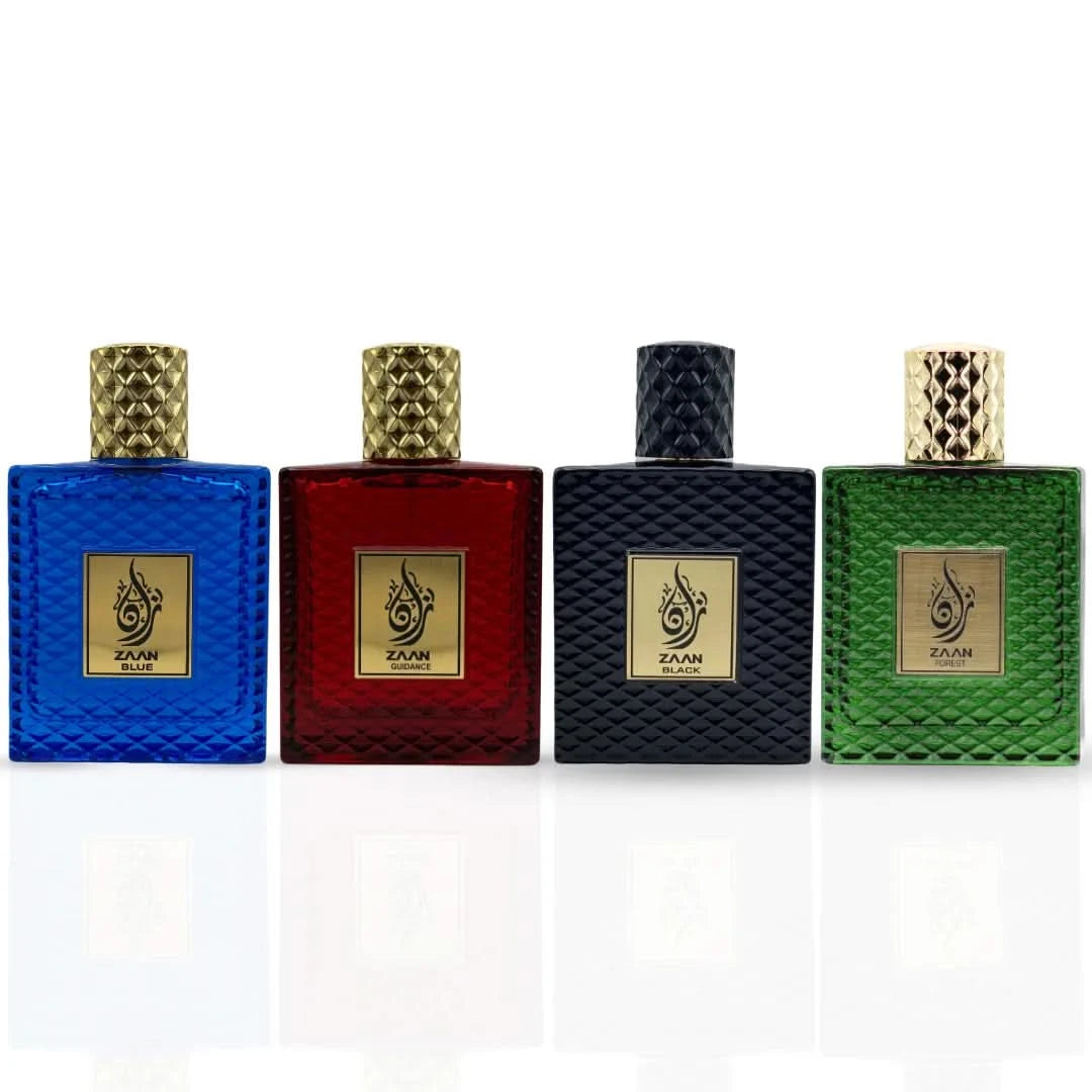 Intense Oud Zaan Black, Forest & Blue Eau De Parfum collection, 100ml bottles, featuring dark and vibrant fragrance packaging.