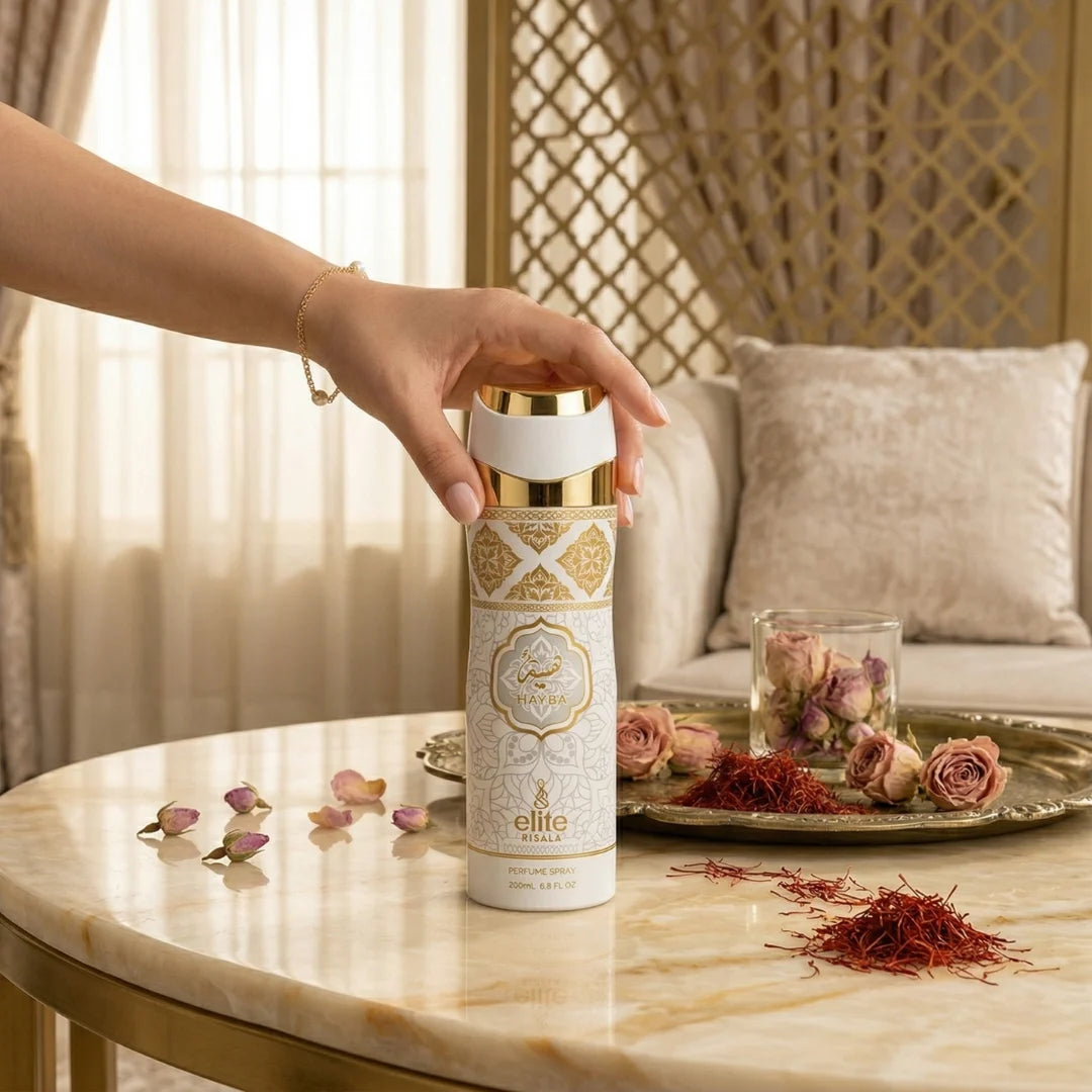 Hayba Body Spray by Elite Risala, 200ml deodorant bottle with a sleek design and fresh scent, shown in the image.