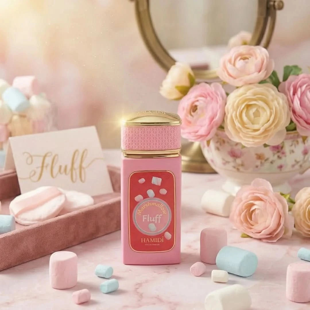 Hamidi Marshmallow Fluff Eau De Parfum spray bottle, 100ml, featuring a sleek design and soft pastel packaging.