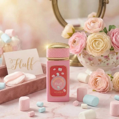Hamidi Marshmallow Fluff Eau De Parfum spray bottle, 100ml, featuring a sleek design and soft pastel packaging.