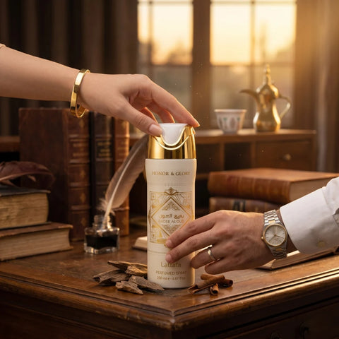 Lattafa Bade’e Al Oud Honor & Glory deodorant spray 300ml with elegant packaging and a sleek design.