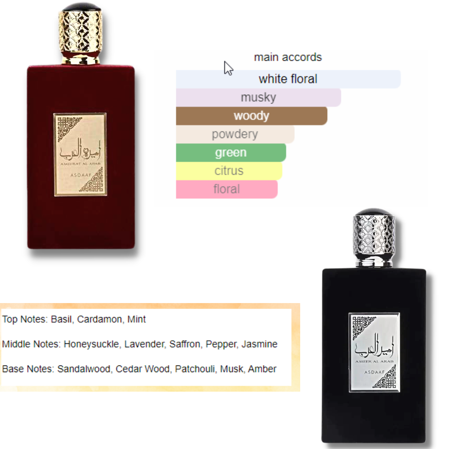 A bundle of Ameer Al Arab and Ameerat Al Arab EDP perfumes by Asdaaf, featuring two 100ml bottles with elegant floral and oriental designs.