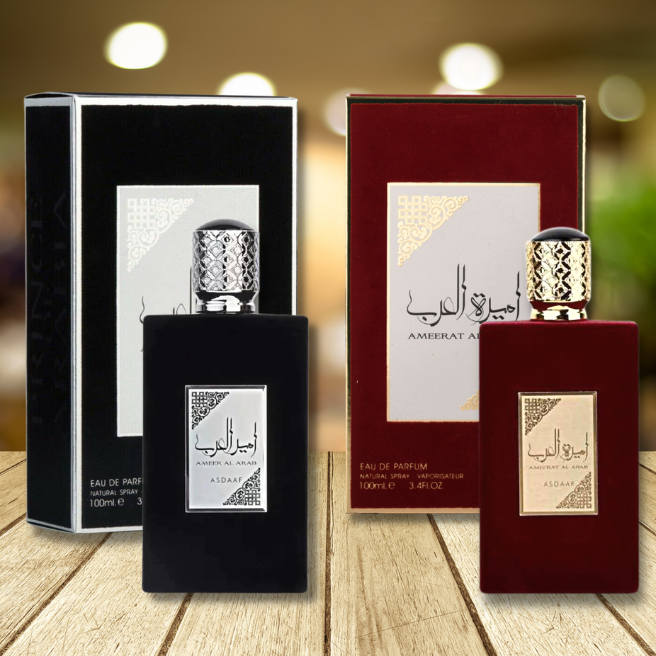 A bundle of Ameer Al Arab and Ameerat Al Arab EDP perfumes by Asdaaf in 100ML bottles, displayed together in a value pack.
