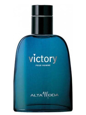Alta Moda Victory for Men Eau De Toilette 100ml bottle with velvet pouch, featuring sleek design and masculine fragrance.